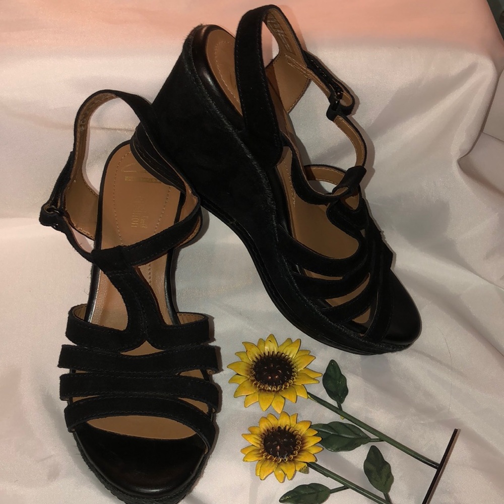 CLARKS Collection Zia Reign Black Suede Soft Cushion Wedge Heel Size 10M